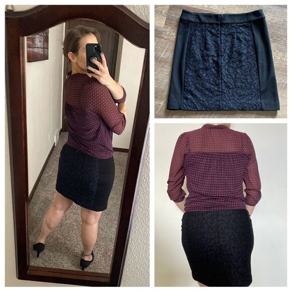 LOFT Skirt Black Navy Lace Overlay Small Stretch Office Academia - Picture 7 of 11